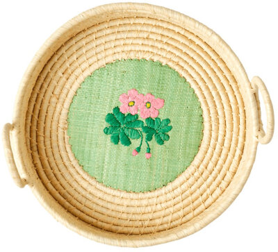 RICE Raffia runder Brotkorb mit Blumenstickerei beige...