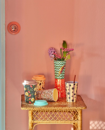 RICE Melamine Cup Tasse Becher Brombeeren Print lila gestreift