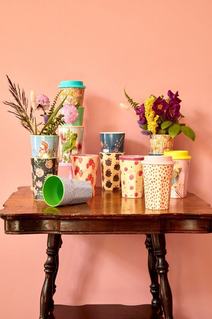RICE Melamine Cup Tasse großer Becher Wild Flower beige mit bunten Blumen