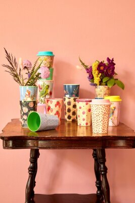 RICE Melamine Cup Tasse großer Becher Wild Flower beige mit bunten Blumen