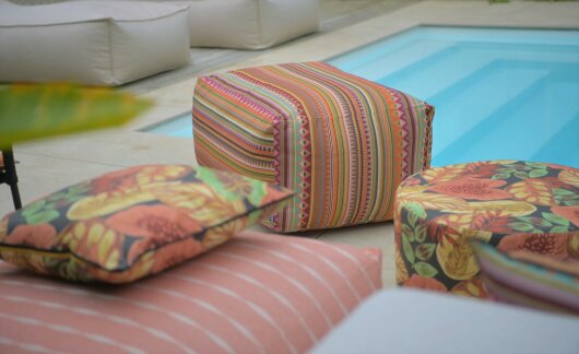 H.O.C.K. Berto Outdoor Pouf Hocker rund mit Keder ø45x45cm col. 1 terra multi sun boho