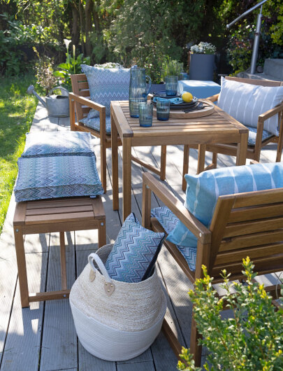 H.O.C.K. Pablo Outdoor Hocker Pouf rund mit Keder ø60x40cm col. 2 blue multi Zick-Zack sun boho