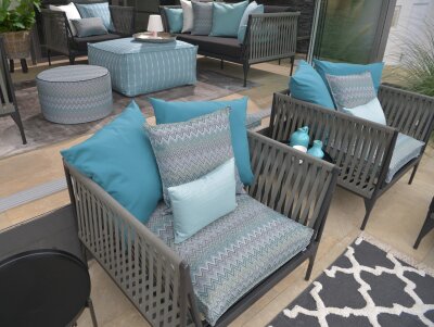 H.O.C.K. Pablo Outdoor Hocker Pouf rund mit Keder ø60x40cm col. 2 blue multi Zick-Zack sun boho