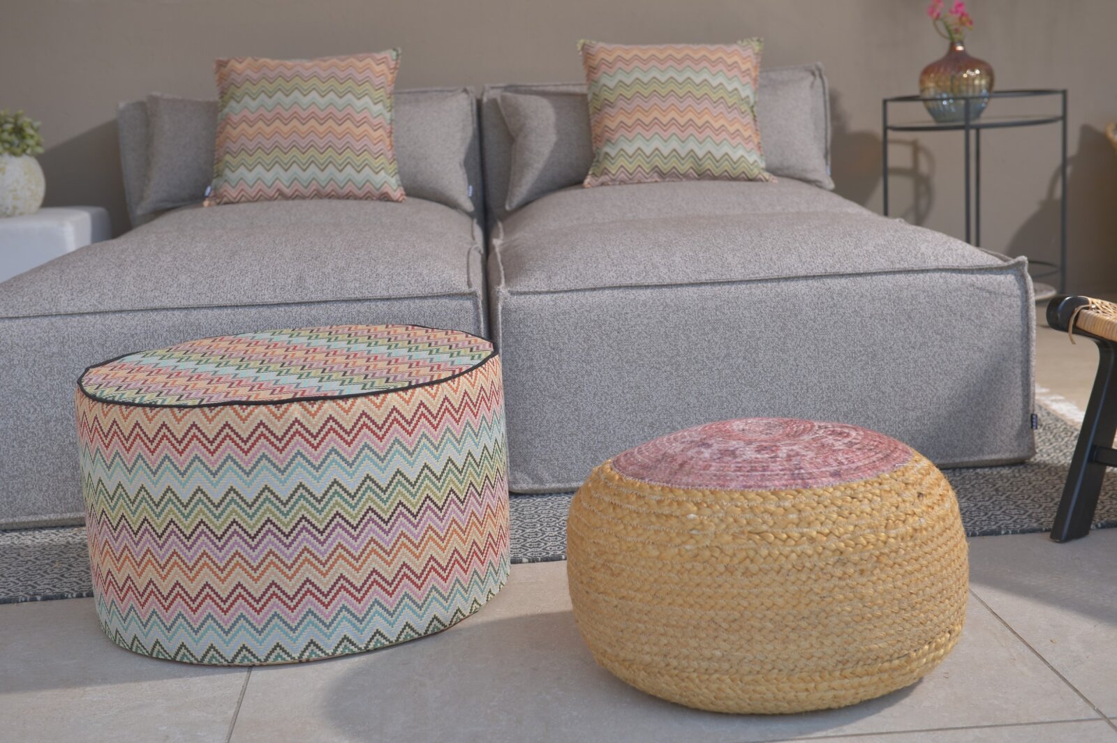 H.O.C.K. Maribel Outdoor Hocker Pouf rund mit Keder ø60x40cm col. 1 multi Zick-Zack sun boho