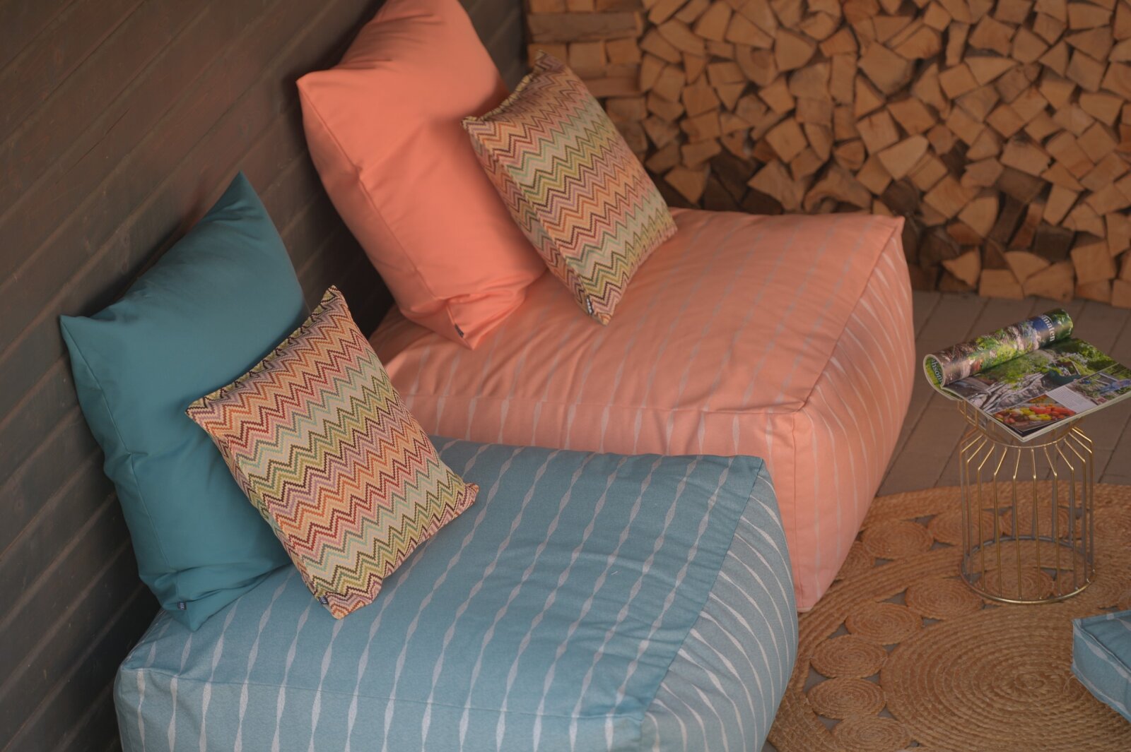 H.O.C.K. Maribel Outdoor Hocker Pouf rund mit Keder ø60x40cm col. 1 multi Zick-Zack sun boho
