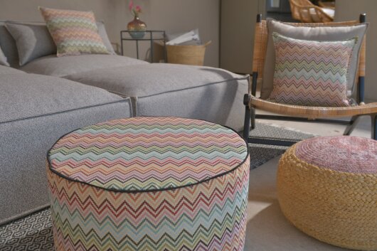 H.O.C.K. Maribel Outdoor Hocker Pouf rund mit Keder ø60x40cm col. 1 multi Zick-Zack sun boho