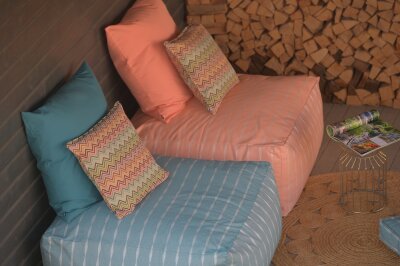H.O.C.K. Maribel Outdoor Hocker Pouf rund mit Keder ø60x40cm col. 1 multi Zick-Zack sun boho