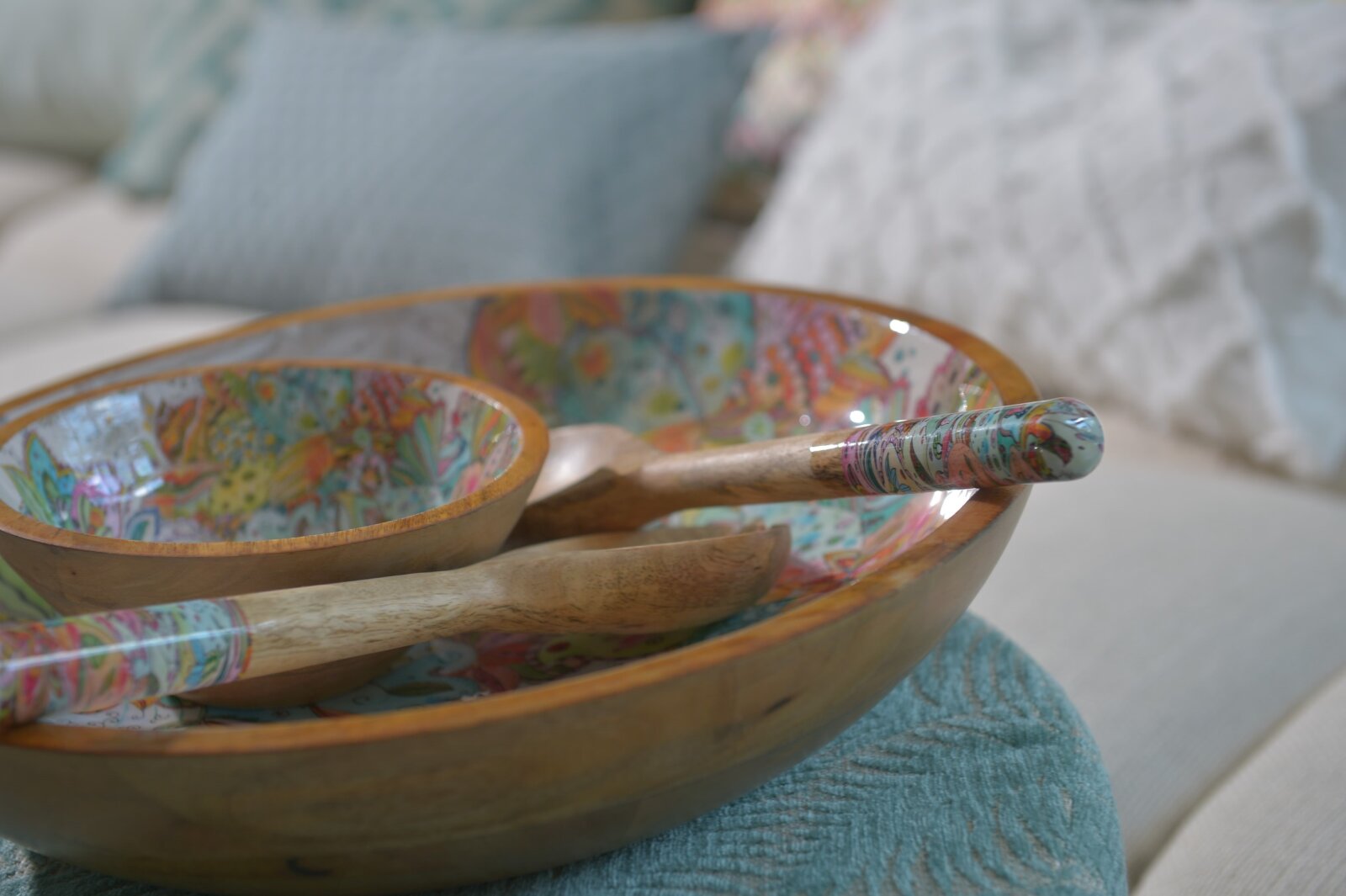 byRoom Salatbesteck aus Mangoholz mit bunten Griffen Mandala multicolor