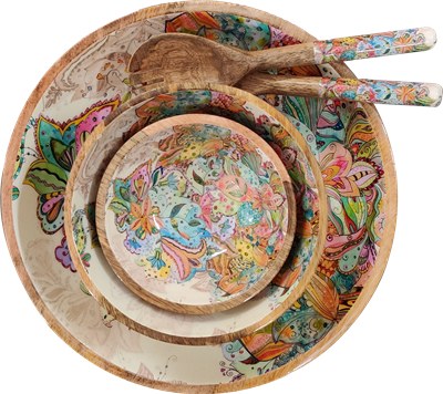 byRoom Salatbesteck aus Mangoholz mit bunten Griffen Mandala multicolor