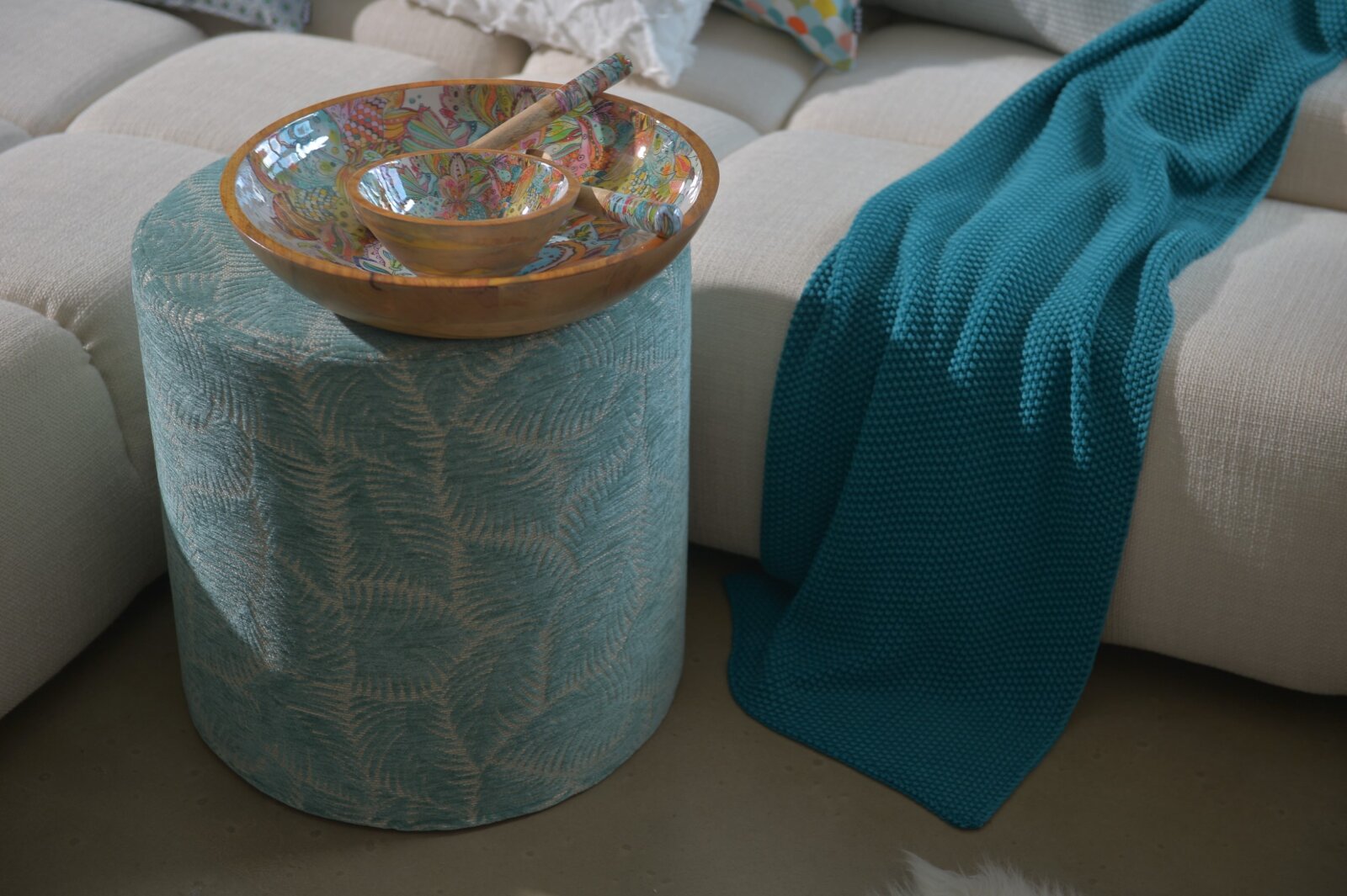 H.O.C.K. Nelly Hocker rund Pouf ø45x45cm Blätter col. 3 türkis