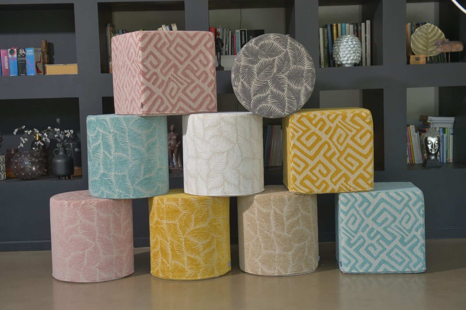 H.O.C.K. Nelly Hocker rund Pouf ø45x45cm Blätter col. 3 türkis