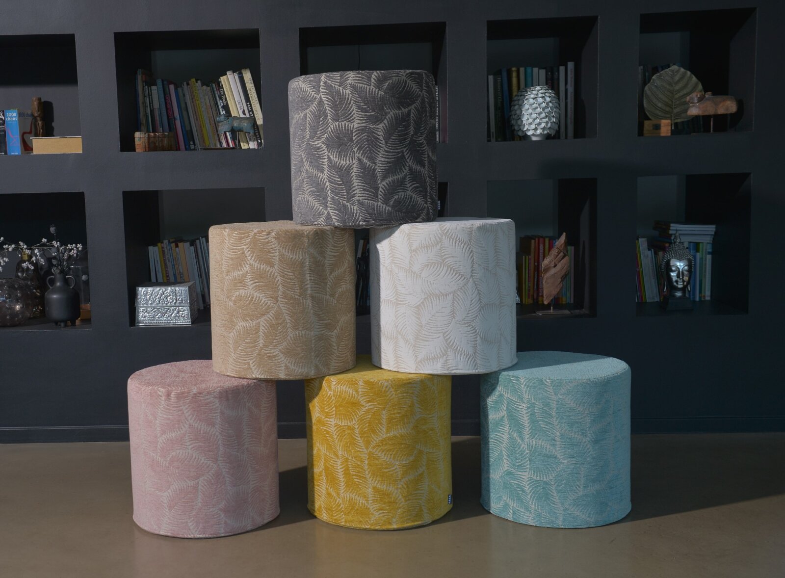 H.O.C.K. Nelly Hocker rund Pouf ø45x45cm Blätter col. 3 türkis