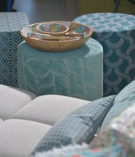 H.O.C.K. Nelly Hocker rund Pouf ø45x45cm Blätter col. 3 türkis