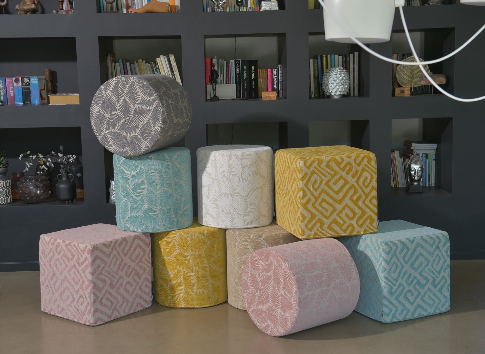 H.O.C.K. Nelly Hocker rund Pouf ø45x45cm Blätter col. 9 grau