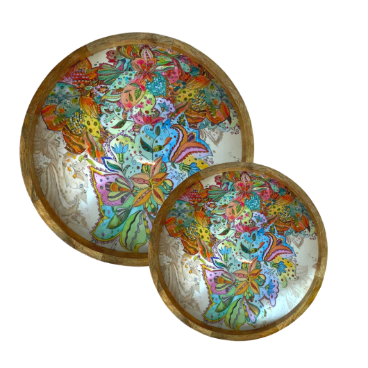 byRoom Tablett aus Mangoholz 2er Set Ø50cm und Ø45cm bunt Mandala multicolor