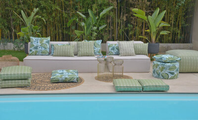 H.O.C.K. Tropical Outdoor Hocker rund Pouf ø60x40cm col. 229 lindgrün aqua sunny