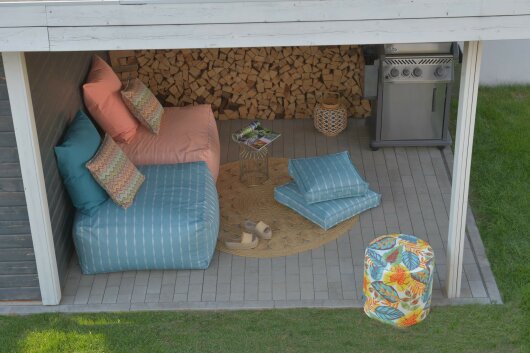 H.O.C.K. Tropical Outdoor Hocker rund Pouf ø45x45cm col. 230 yellow aqua multi sunny