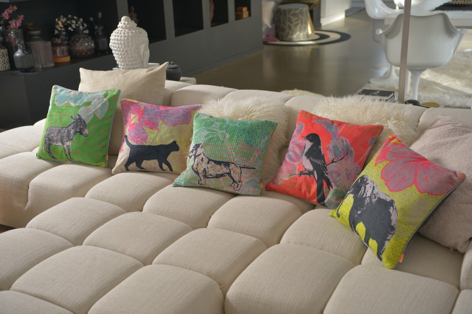 H.O.C.K. Lieblingstiere Wendekissen gelb mit Keder beige 45x45cm KATZE Mimi by Anna Flores