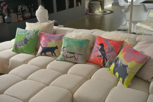 H.O.C.K. Lieblingstiere Wendekissen gelb mit Keder beige 45x45cm KATZE Mimi by Anna Flores