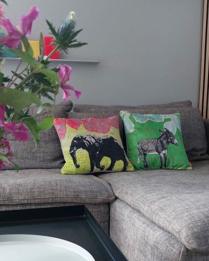 H.O.C.K. Lieblingstiere Wendekissen gelb mit Keder grau 45x45cm ELEFANT Fanti by Anna Flores