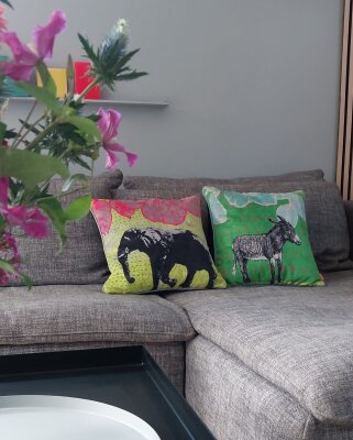 H.O.C.K. Lieblingstiere Wendekissen gelb mit Keder grau 45x45cm ELEFANT Fanti by Anna Flores