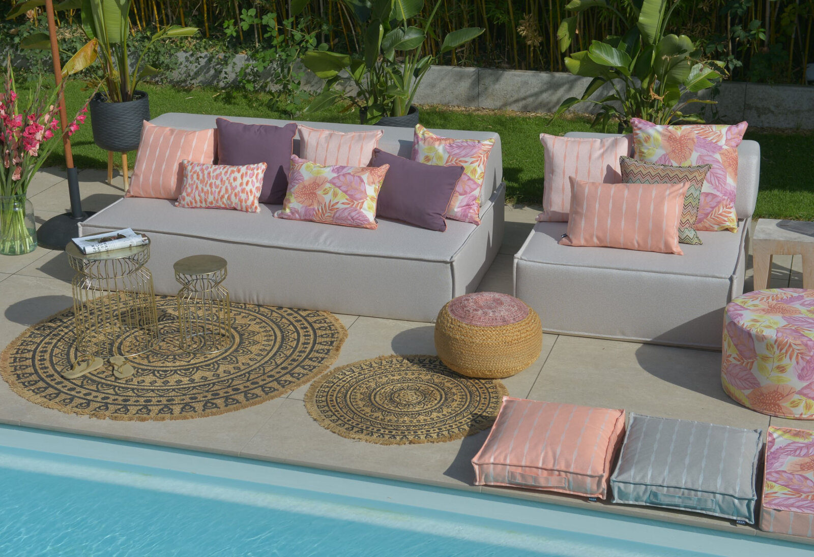 H.O.C.K. Tropical Outdoor Kissen 60x60cm col. 226 coral lachs mit Keder salmon sunny