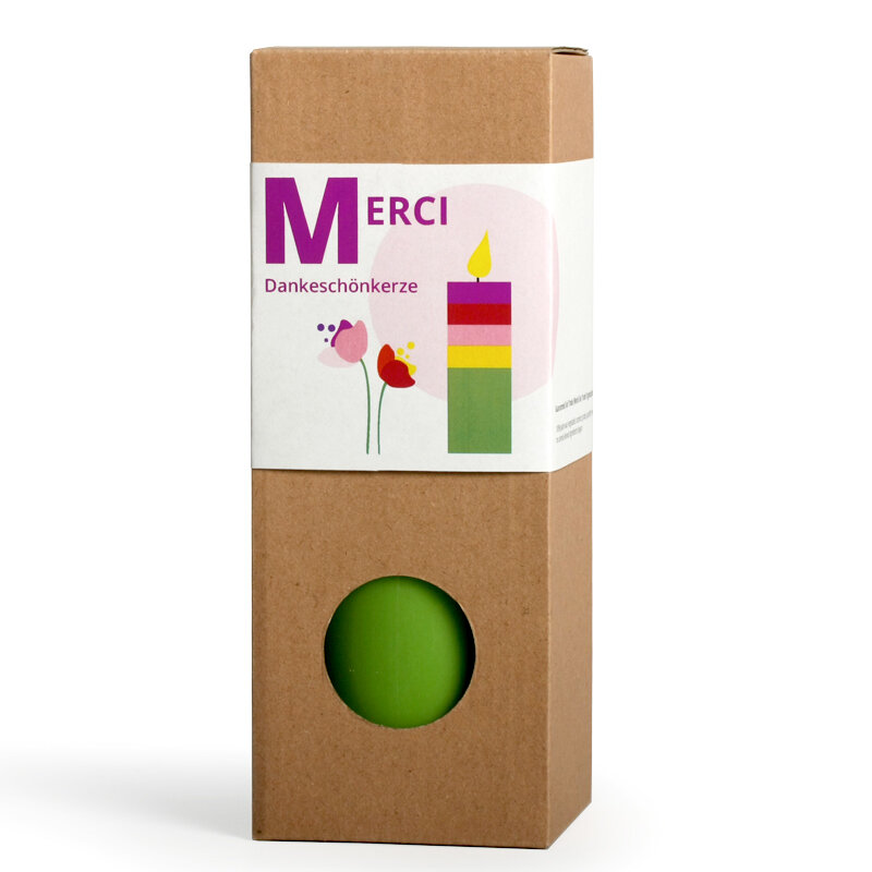 NTG Stumpenkerze "Merci" grün, gelb, pink, rot