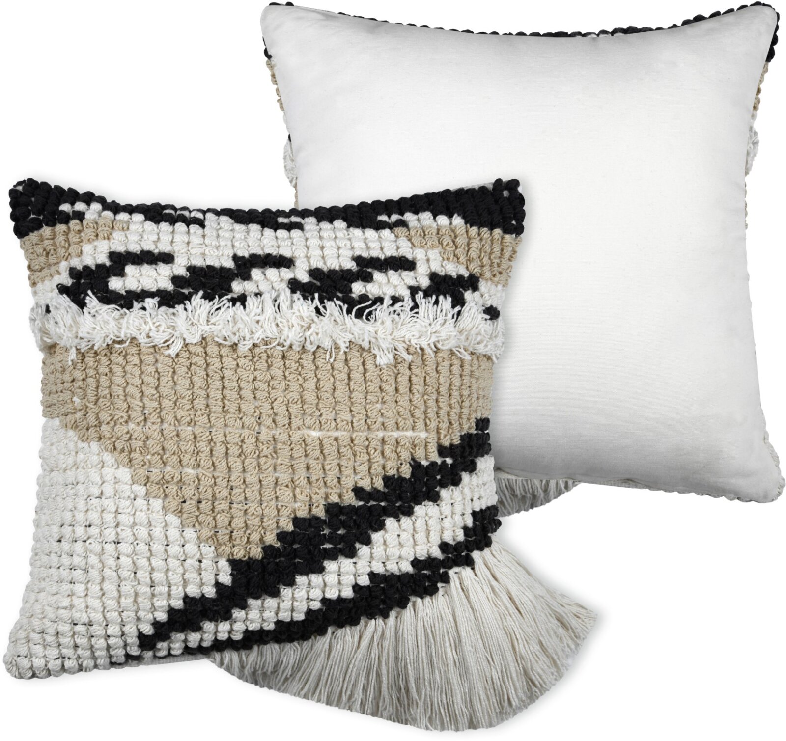 STF Dekokissen Wendekissen im Boho-Look 45x45xcm beige, weiß, schwarz mit Fransen