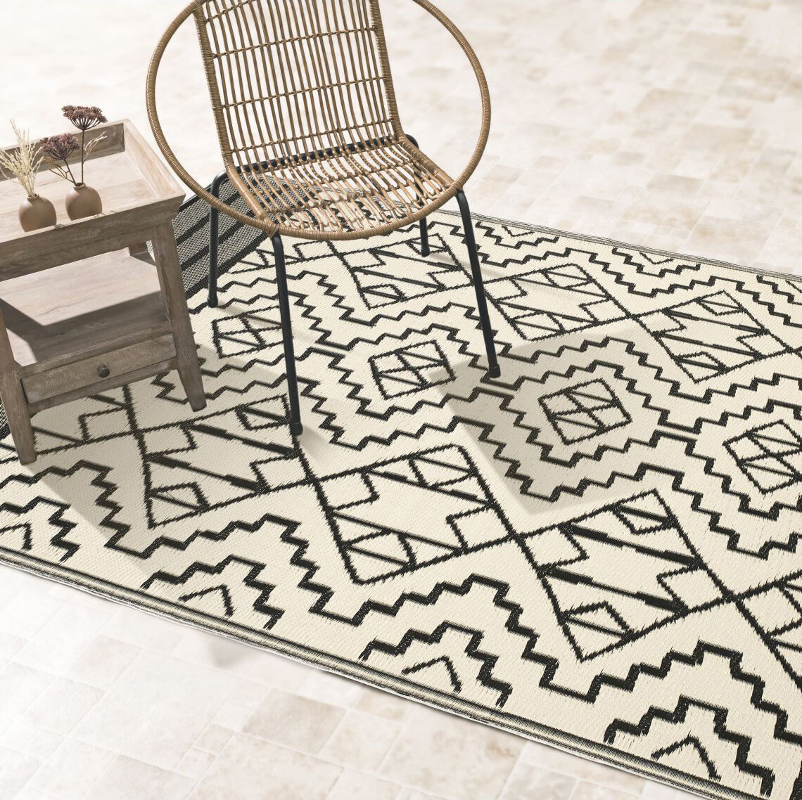H.O.C.K. Outdoor Teppich Kilimajaro 150x240cm black beige Boho