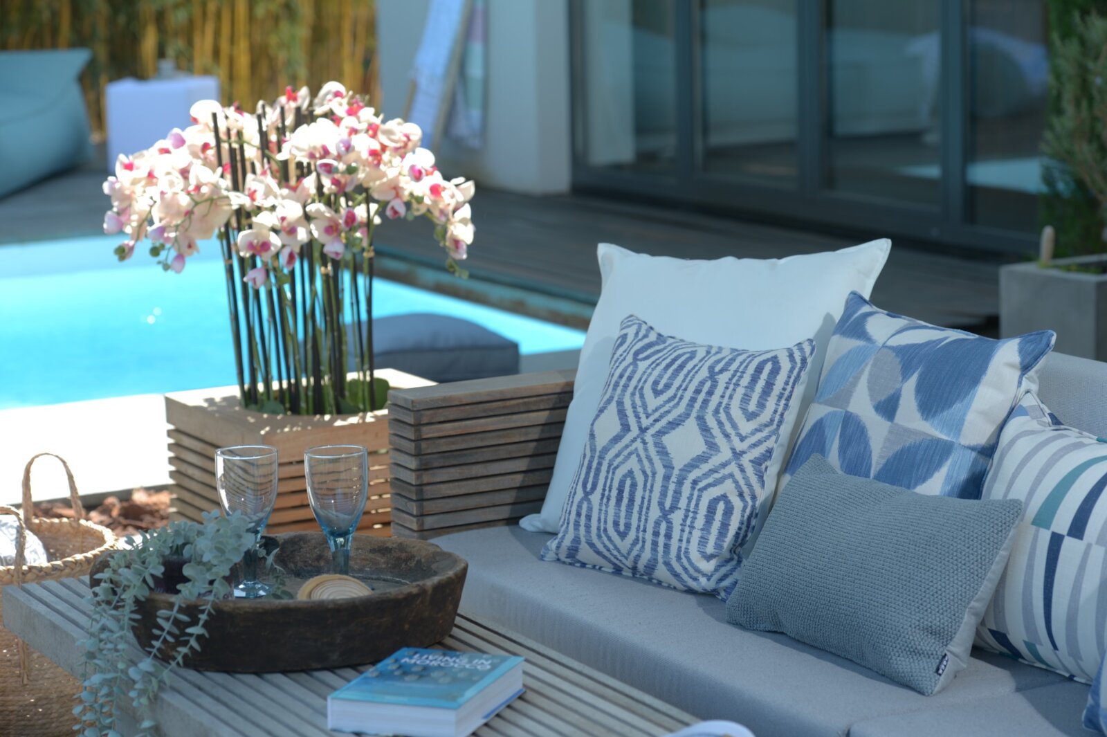 H.O.C.K. Malaga Outdoor + Indoor Kissen mit Keder 70x40cm col. 84 blau grau in&out