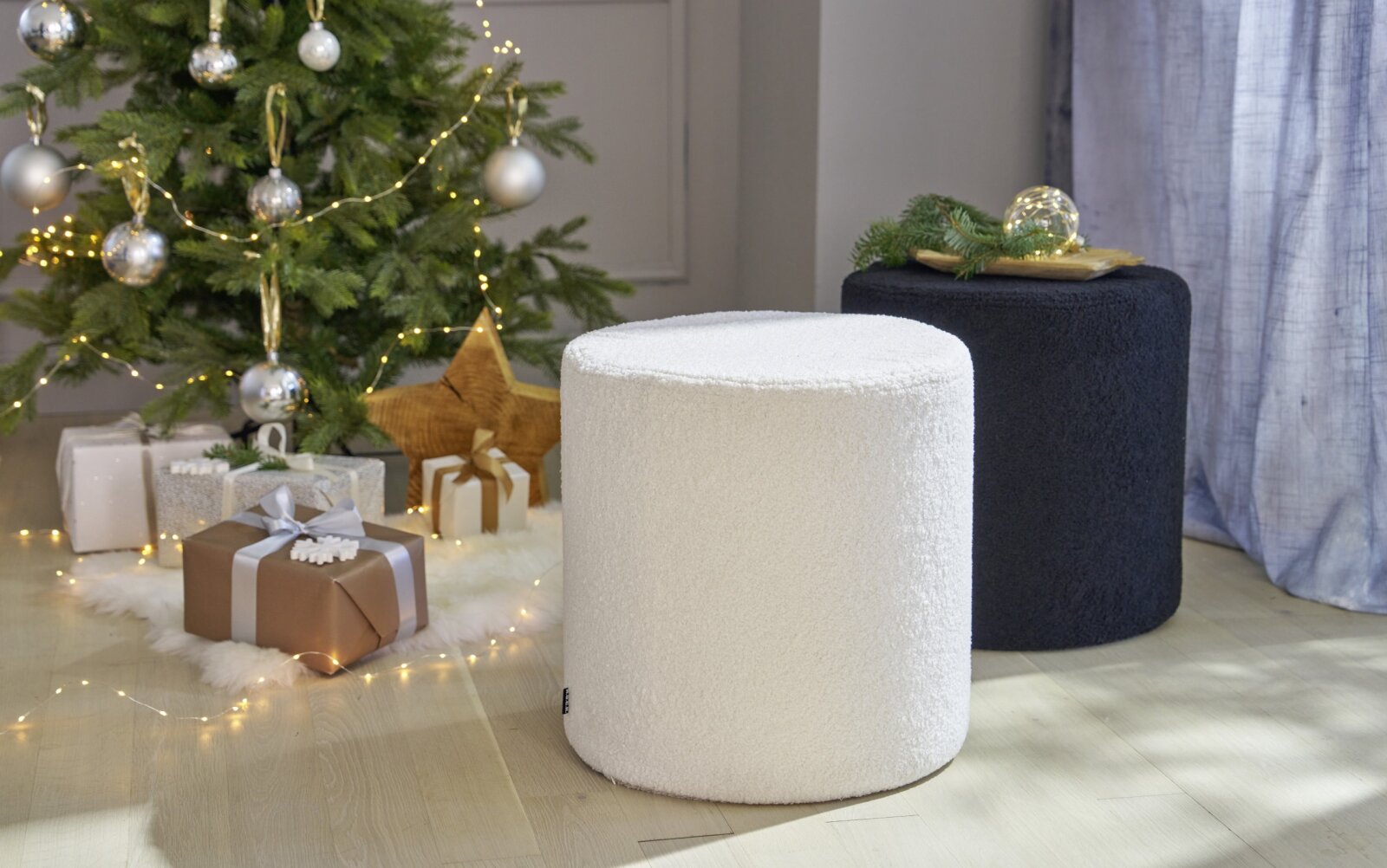 H.O.C.K. Fino Hocker rund Pouf Teddystoff Bouclé ø45x45cm weiß ecru Plüsch