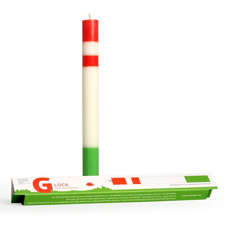 NTG Kerze schmal "Glückskerze / Good Luck" weiß rot grün