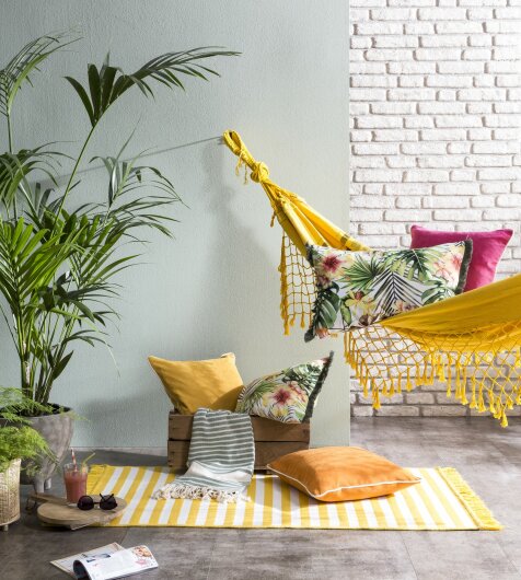 H.O.C.K. Indoor / Outdoor Teppich Streifen lemon gelb weiß gestreift mit Fransen 120x180cm