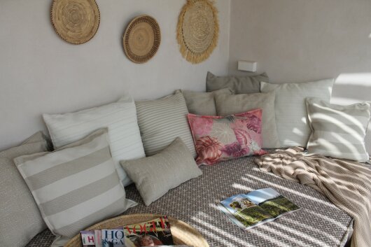 H.O.C.K. Turo Outdoor + Indoor Kissen 45x45cm mit Biese col. 2 beige taupe Blockstreifen in&out