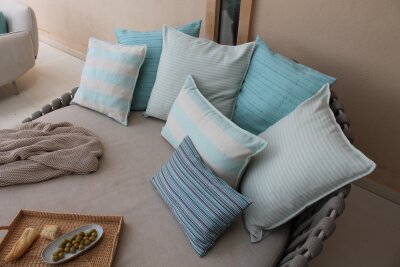 H.O.C.K. Turo Outdoor + Indoor Kissen 65x40cm mit Biese col. 8 beige türkis Blockstreifen in&out