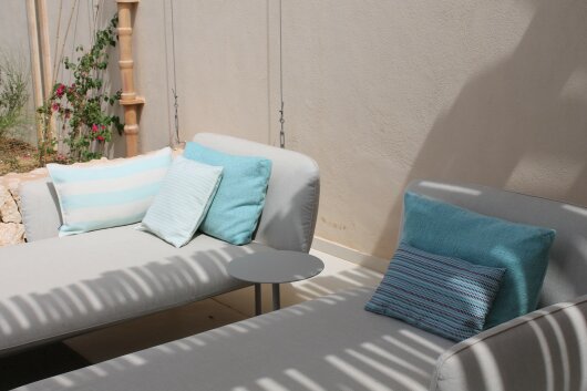 H.O.C.K. Turo Outdoor + Indoor Kissen 45x45cm mit Biese col. 8 beige türkis Blockstreifen in&out