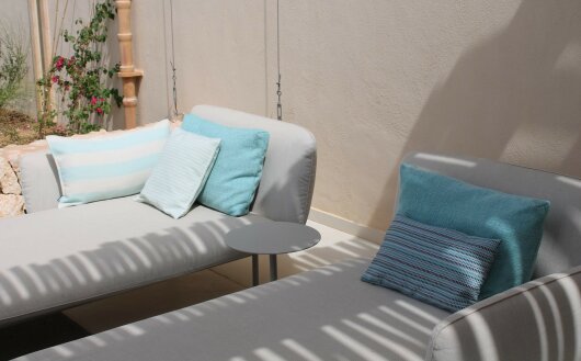 H.O.C.K. Nova Outdoor + Indoor Kissen 45x45cm mit Biese col. 8 beige türkis schmale Streifen in&out