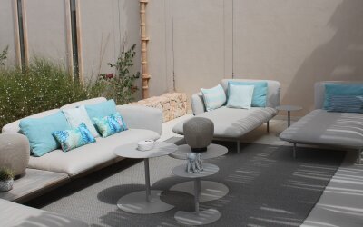 H.O.C.K. Nova Outdoor + Indoor Kissen 45x45cm mit Biese col. 8 beige türkis schmale Streifen in&out