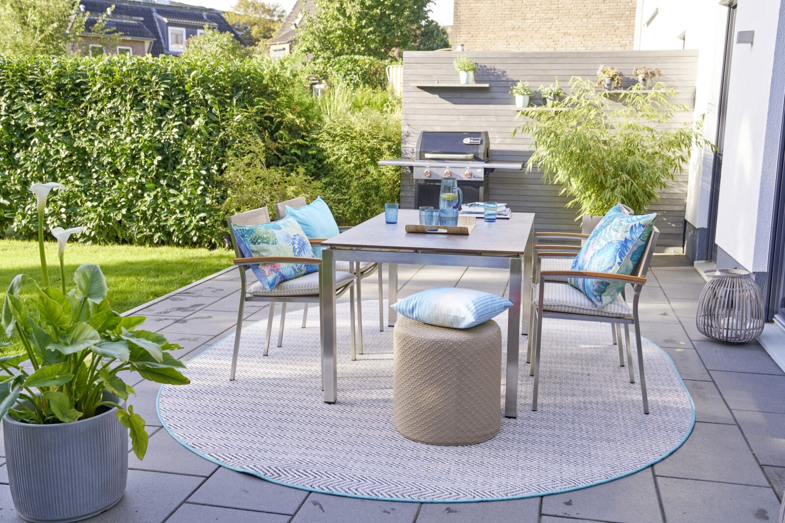 H.O.C.K. Bora Outdoor Hocker Pouf ø45x45cm rund col. 03 aqua grün blau floral allover