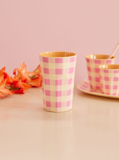 RICE Melamine Cup Tasse großer Becher pink rosa creme kariert
