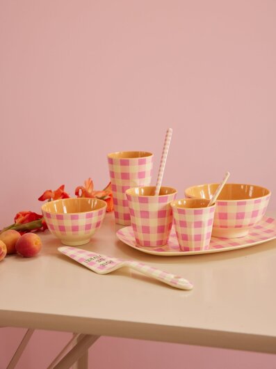 RICE Melamine Cup Tasse großer Becher pink rosa creme kariert