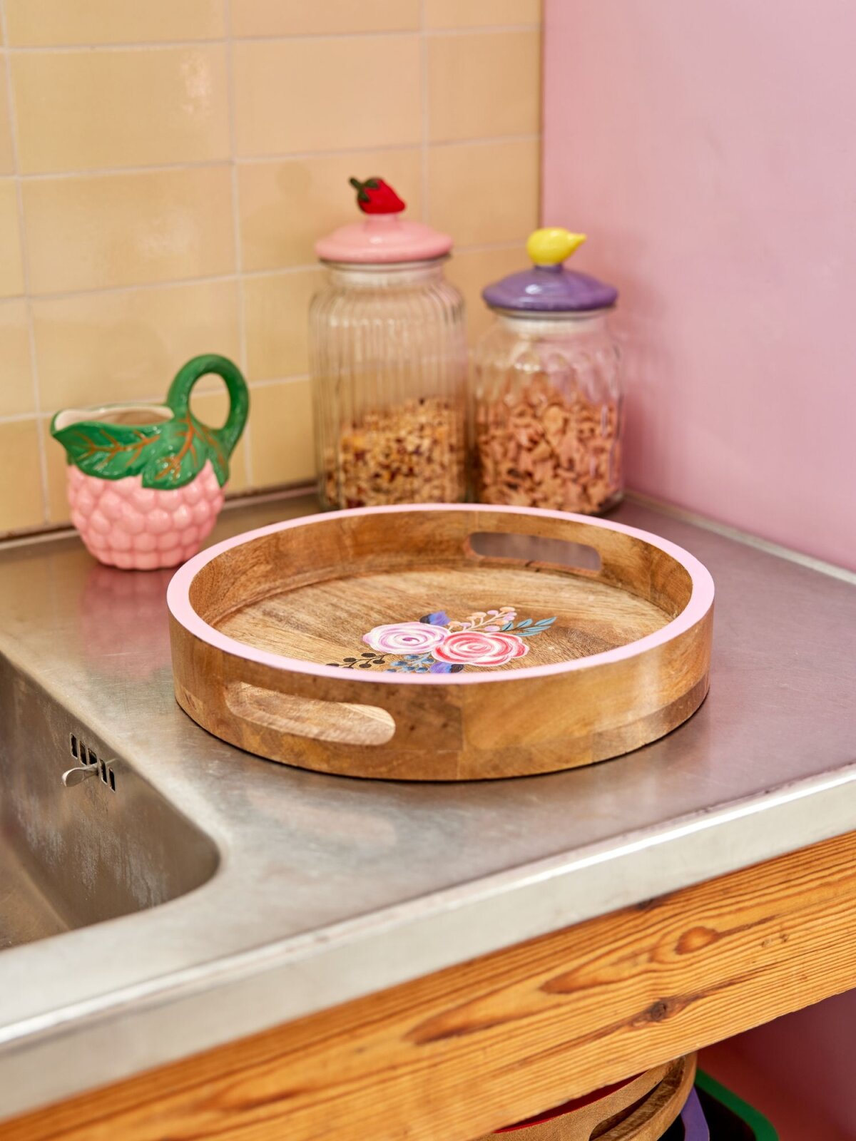RICE Tablett kleines rundes Holztablett handbemalt rosa Flowerprint ca. ø30cm