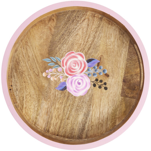 RICE Tablett kleines rundes Holztablett handbemalt rosa Flowerprint ca. ø30cm