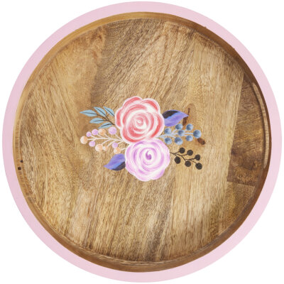 RICE Tablett kleines rundes Holztablett handbemalt rosa...