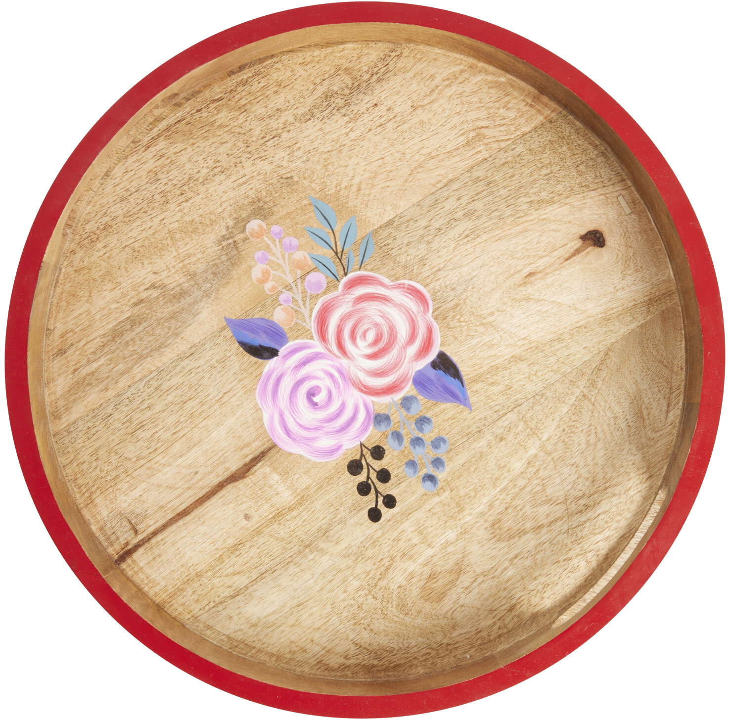 RICE Tablett großes rundes Holztablett handbemalt rot Flowerprint ca. ø34cm