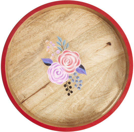 RICE Tablett großes rundes Holztablett handbemalt rot Flowerprint ca. ø34cm