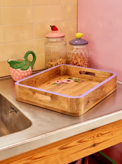 RICE Tablett kleines rechteckiges Holztablett handbemalt lila Flowerprint ca. 34x30cm