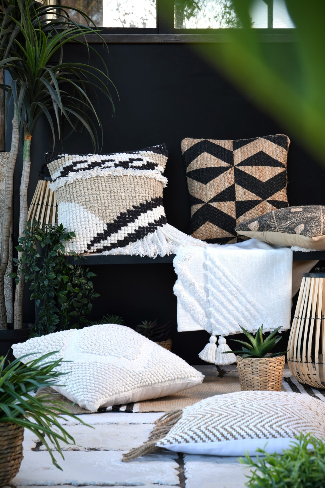 STF Dekokissen Wendekissen im Boho-Look 40x40cm anthrazit geometrisch aus Jute