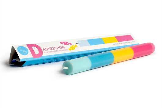 NTG Kerze schmal "Dankeschön / Thanks" blau gelb pink