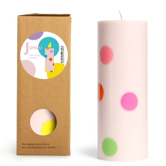 NTG Stumpenkerze "Geburtstagskonfetti / Birthday Confetti" hellrosa mit Punkte bunt